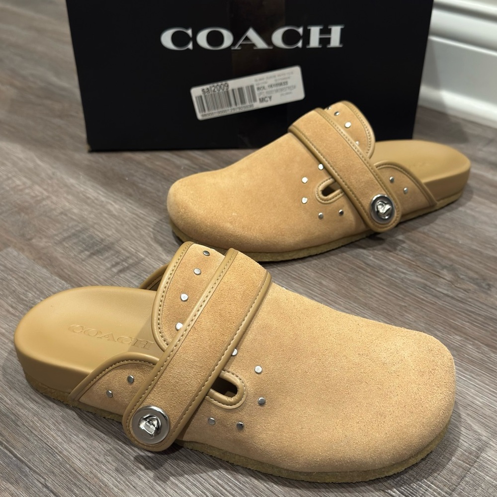 Coach Blake Suede Peanut Turnlock Rivets Studded Clog Mules